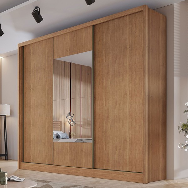 Guarda-Roupa Casal Volano 3 Portas 4 Gavetas com Espelho 100% Mdf Cumaru - Pnr Móveis