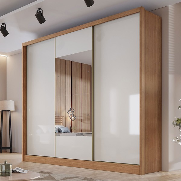 Guarda-Roupa Casal Volano 3 Portas 4 Gavetas com Espelho 100% Mdf Cumaru/Fendi - Pnr Móveis