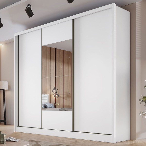 Guarda-Roupa Casal Volano 3 Portas 4 Gavetas com Espelho 100% Mdf Neve - Pnr Móveis