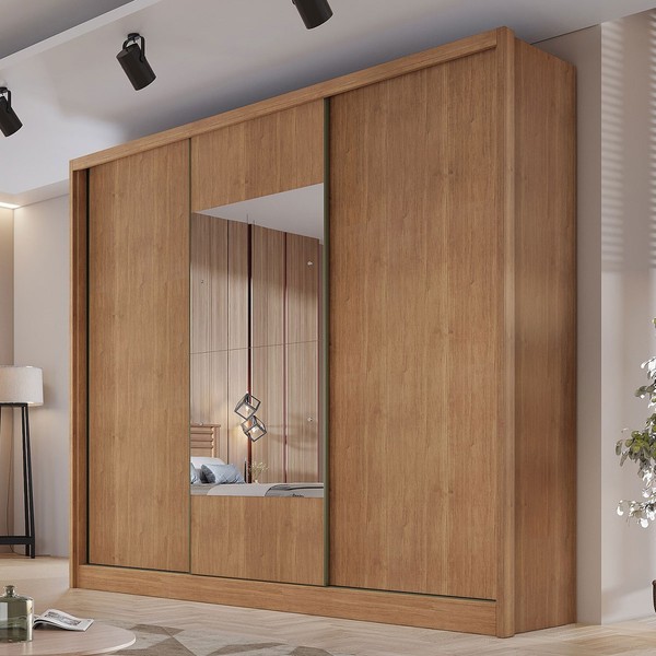 Guarda-Roupa Casal Volano 3 Portas 8 Gavetas 100% Mdf com Espelho Cumaru - Pnr Móveis