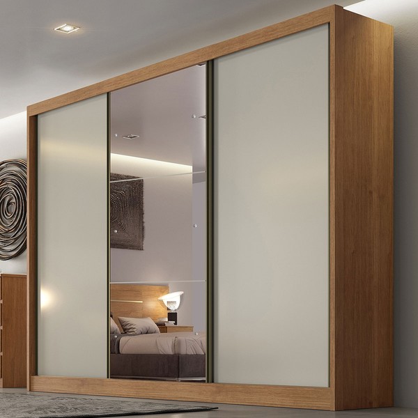 Guarda-Roupa Casal Japão 3 Portas 6 Gavetas 100% Mdf com Espelho Cumaru/Fendi - Pnr Móveis