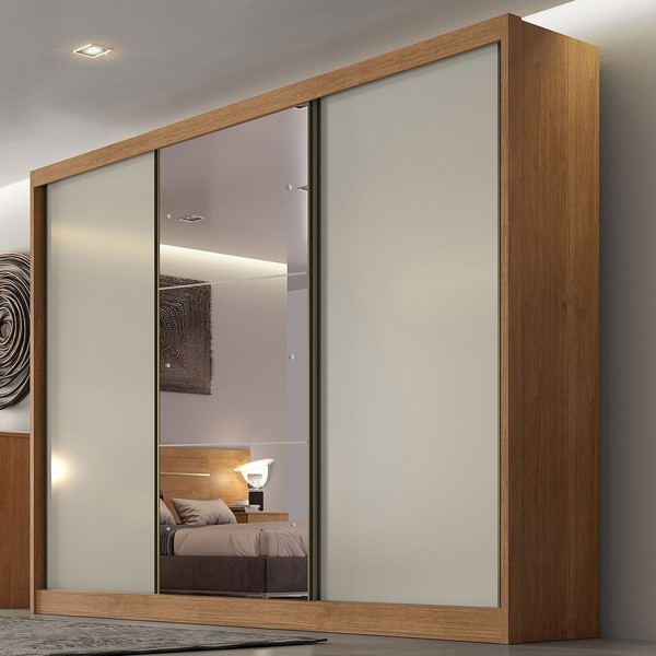 Guarda-Roupa Casal Japão 3 Portas 8 Gavetas 100% Mdf com Espelho Cumaru/Fendi - Pnr Móveis