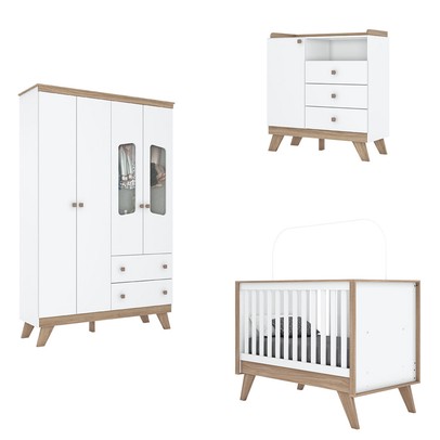 Quarto de Bebê Completo Confete 5 Portas 5 Gavetas com Vidro Branco/Jequitibá - Henn