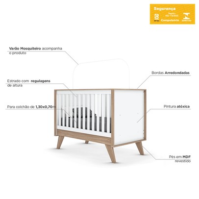Quarto de Bebê Completo Confete 5 Portas 5 Gavetas com Vidro Branco/Jequitibá - Henn