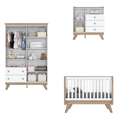 Quarto de Bebê Completo Confete 5 Portas 5 Gavetas com Vidro Branco/Jequitibá - Henn