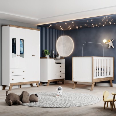 Quarto de Bebê Completo Confete 5 Portas 5 Gavetas com Vidro Branco/Jequitibá - Henn