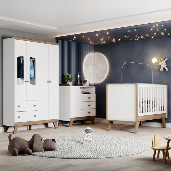 Quarto de Bebê Completo Confete 5 Portas 5 Gavetas com Vidro Branco/Jequitibá - Henn