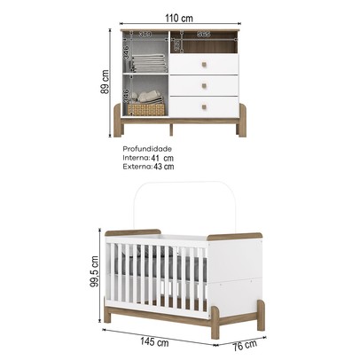 Quarto de Bebê Completo Ternura 1 Porta 3 Gavetas Branco/Jequitibá - Henn