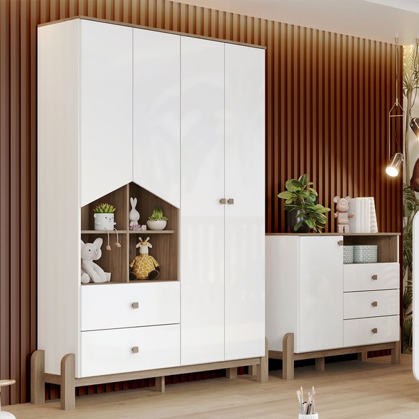 Quarto de Bebê Completo Ternura 5 Portas 5 Gavetas Ie191 Branco/Jequitibá - Henn