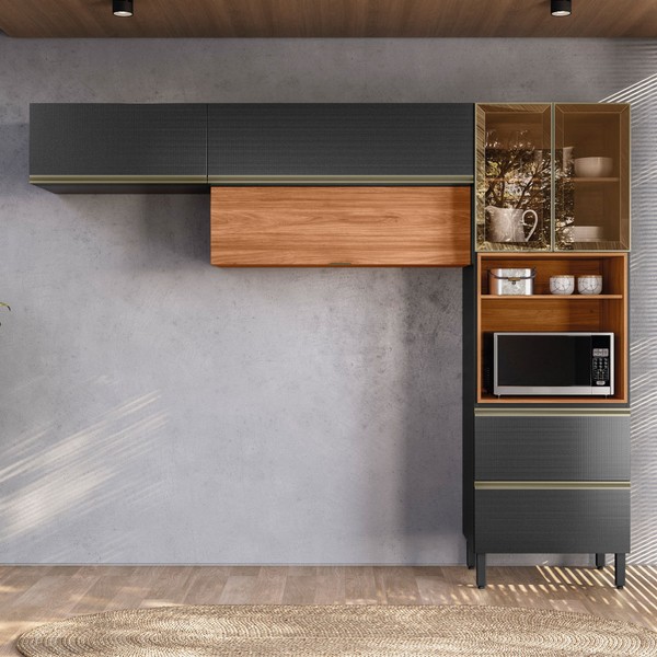 Cozinha Completa Proença 5 Portas 2 Gavetas com Vidro Nogueira/Carbono Prime Tx - Demobile