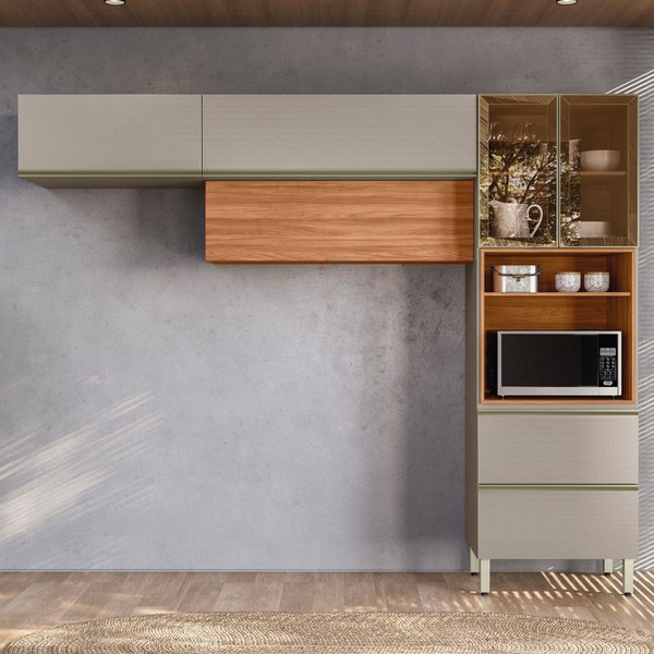 Cozinha Completa Proença 5 Portas 2 Gavetas com Vidro Nogueira/Nude Prime Tx - Demobile