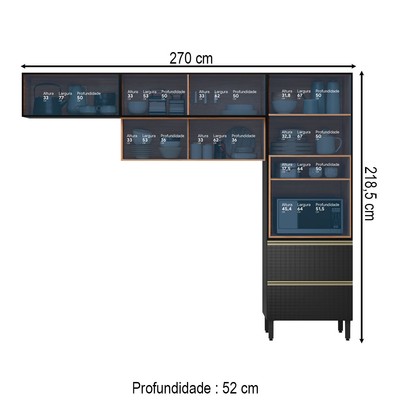 Cozinha Completa Proença 5 Portas 2 Gavetas com Vidro Nogueira/Carbono Prime Tx Dp270 - Demobile
