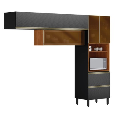 Cozinha Completa Proença 5 Portas 2 Gavetas com Vidro Nogueira/Carbono Prime Tx Dp270 - Demobile