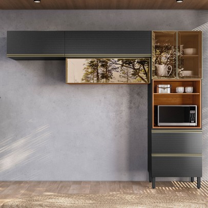Cozinha Completa Proença 5 Portas 2 Gavetas com Vidro Nogueira/Carbono Prime Tx Dp270 - Demobile