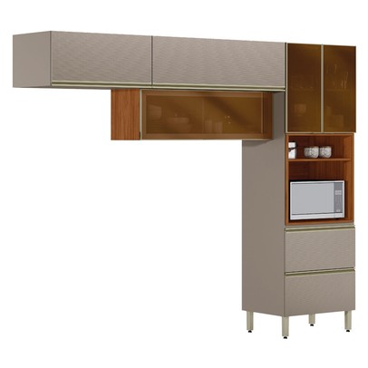 Cozinha Completa Proença 5 Portas 2 Gavetas com Vidro Nogueira/Nude Prime Tx Dp270 - Demobile