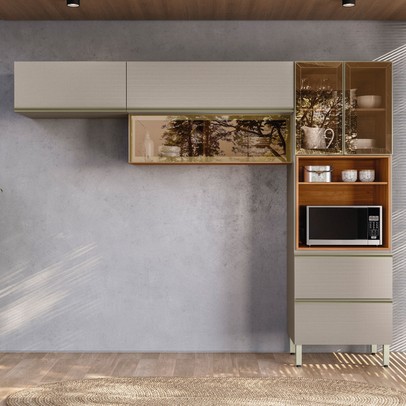 Cozinha Completa Proença 5 Portas 2 Gavetas com Vidro Nogueira/Nude Prime Tx Dp270 - Demobile