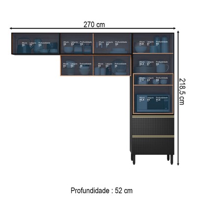 Cozinha Completa Proença 5 Portas 2 Gavetas Ripado com Vidro Nogueira/Carbono Prime Tx - Demobile