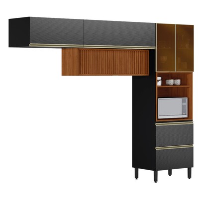 Cozinha Completa Proença 5 Portas 2 Gavetas Ripado com Vidro Nogueira/Carbono Prime Tx - Demobile