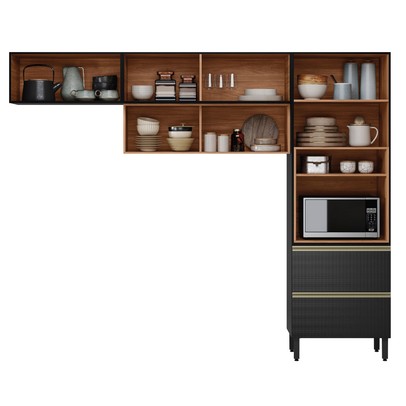 Cozinha Completa Proença 5 Portas 2 Gavetas Ripado com Vidro Nogueira/Carbono Prime Tx - Demobile