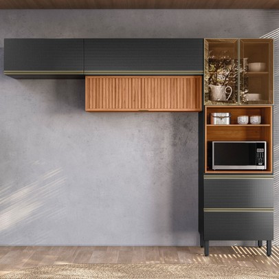 Cozinha Completa Proença 5 Portas 2 Gavetas Ripado com Vidro Nogueira/Carbono Prime Tx - Demobile