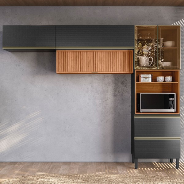 Cozinha Completa Proença 5 Portas 2 Gavetas Ripado com Vidro Nogueira/Carbono Prime Tx - Demobile
