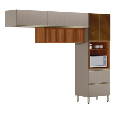 Cozinha Completa Proença 5 Portas 2 Gavetas Ripado com Vidro Nogueira/Nude Prime Tx - Demobile
