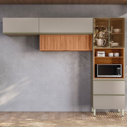 Cozinha Completa Proença 5 Portas 2 Gavetas Ripado com Vidro Nogueira/Nude Prime Tx - Demobile