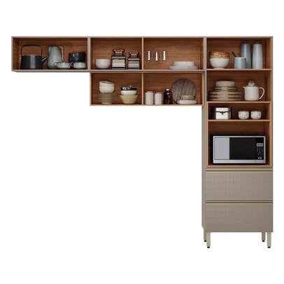 Cozinha Completa Proença 5 Portas 2 Gavetas Ripado com Vidro Nogueira/Nude Prime Tx - Demobile