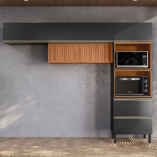 Cozinha Completa Proença 5 Portas 1 Gaveta Ripado Nogueira/Carbono Prime Tx - Demobile