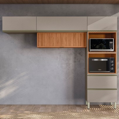 Cozinha Completa Proença 5 Portas 1 Gaveta Ripado Nogueira/Nude Prime Tx - Demobile