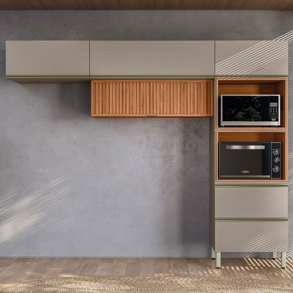 Cozinha Completa Proença 5 Portas 1 Gaveta Ripado Nogueira/Nude Prime Tx - Demobile