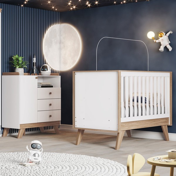 Quarto de Bebê Completo Confete 1 Porta 3 Gavetas Branco/Jequitibá - Henn