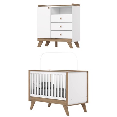 Quarto de Bebê Completo Confete 1 Porta 3 Gavetas Branco/Jequitibá - Henn