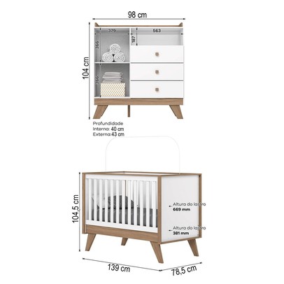 Quarto de Bebê Completo Confete 1 Porta 3 Gavetas Branco/Jequitibá - Henn