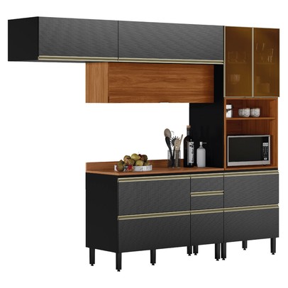 Cozinha Completa Proença 6 Portas 6 Gavetas com Vidro Nogueira/Carbono Prime Tx - Demobile