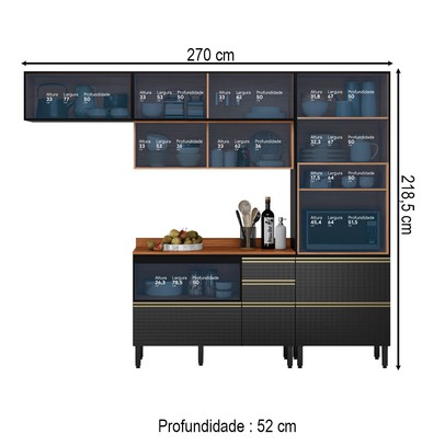 Cozinha Completa Proença 6 Portas 6 Gavetas com Vidro Nogueira/Carbono Prime Tx - Demobile