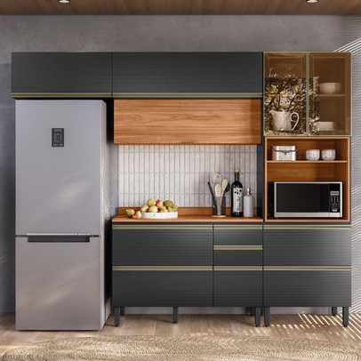 Cozinha Completa Proença 6 Portas 6 Gavetas com Vidro Nogueira/Carbono Prime Tx - Demobile