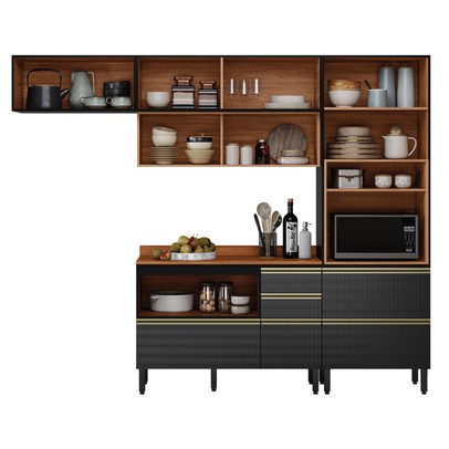 Cozinha Completa Proença 6 Portas 6 Gavetas com Vidro Nogueira/Carbono Prime Tx - Demobile