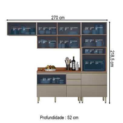 Cozinha Completa Proença 6 Portas 6 Gavetas com Vidro Nogueira/Nude Prime Tx - Demobile