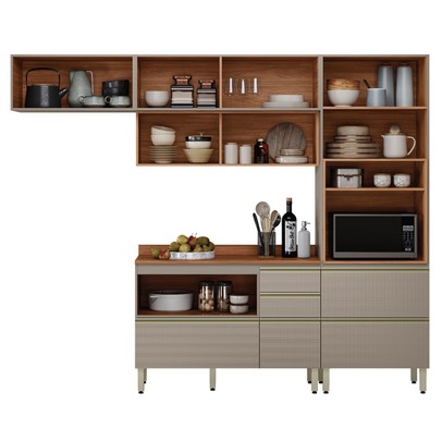 Cozinha Completa Proença 6 Portas 6 Gavetas com Vidro Nogueira/Nude Prime Tx - Demobile