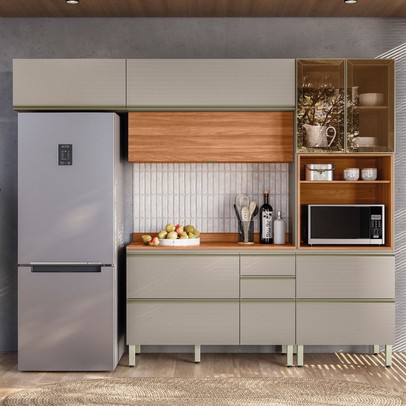 Cozinha Completa Proença 6 Portas 6 Gavetas com Vidro Nogueira/Nude Prime Tx - Demobile