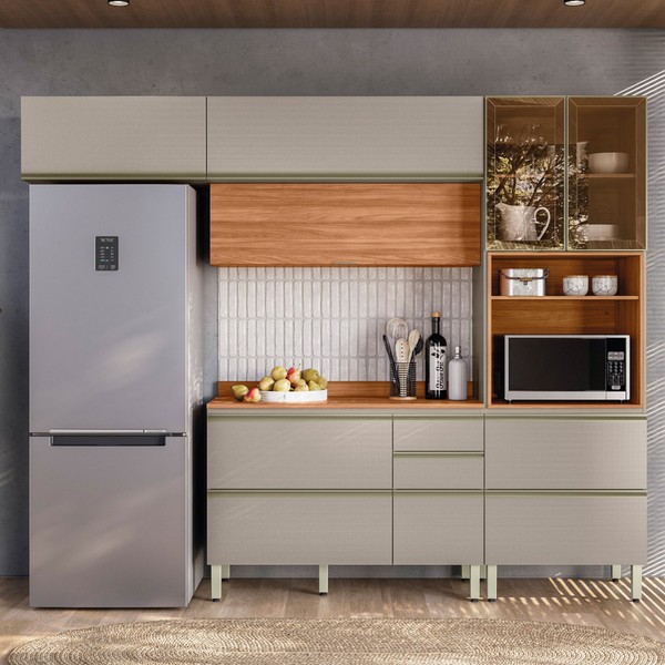 Cozinha Completa Proença 6 Portas 6 Gavetas com Vidro Nogueira/Nude Prime Tx - Demobile