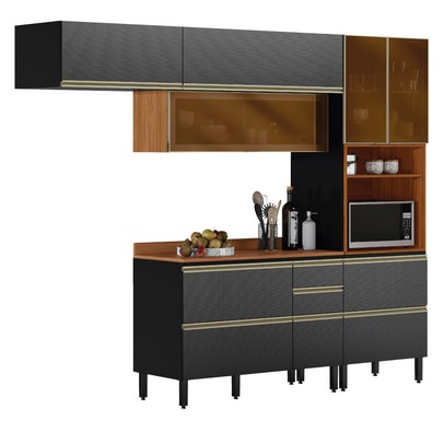 Cozinha Completa Proença 6 Portas 6 Gavetas com Vidro Nogueira/Carbono Prime Tx Dp2703 - Demobile