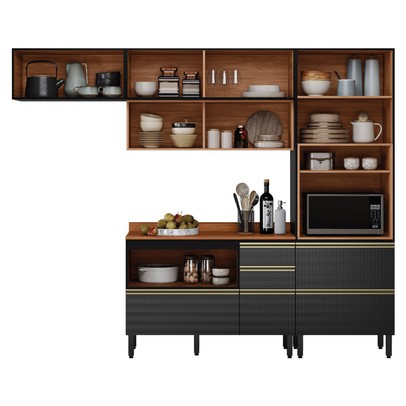 Cozinha Completa Proença 6 Portas 6 Gavetas com Vidro Nogueira/Carbono Prime Tx Dp2703 - Demobile