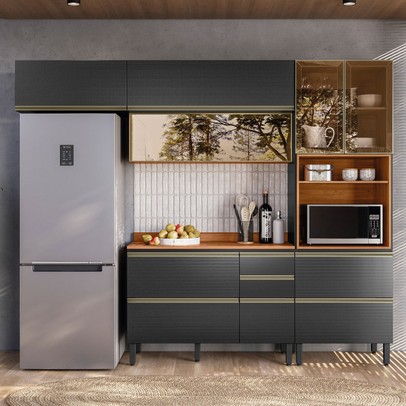 Cozinha Completa Proença 6 Portas 6 Gavetas com Vidro Nogueira/Carbono Prime Tx Dp2703 - Demobile