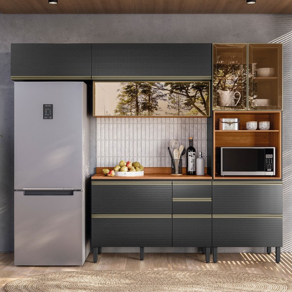 Cozinha Completa Proença 6 Portas 6 Gavetas com Vidro Nogueira/Carbono Prime Tx Dp2703 - Demobile