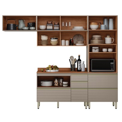 Cozinha Completa Proença 6 Portas 6 Gavetas com Vidro Nogueira/Nude Prime Tx Dp2703 - Demobile