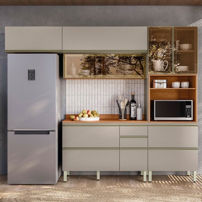 Cozinha Completa Proença 6 Portas 6 Gavetas com Vidro Nogueira/Nude Prime Tx Dp2703 - Demobile