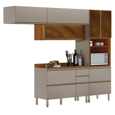 Cozinha Completa Proença 6 Portas 6 Gavetas com Vidro Nogueira/Nude Prime Tx Dp2703 - Demobile