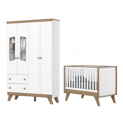 Quarto de Bebê Completo Confete 4 Portas 2 Gavetas com Vidro Branco/Jequitibá - Henn